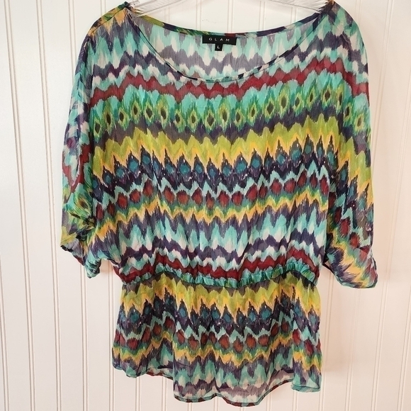 Glam sheer blouse with short sleeves,  sheer multi colored Aztec print. NWOT - Picture 1 of 9
